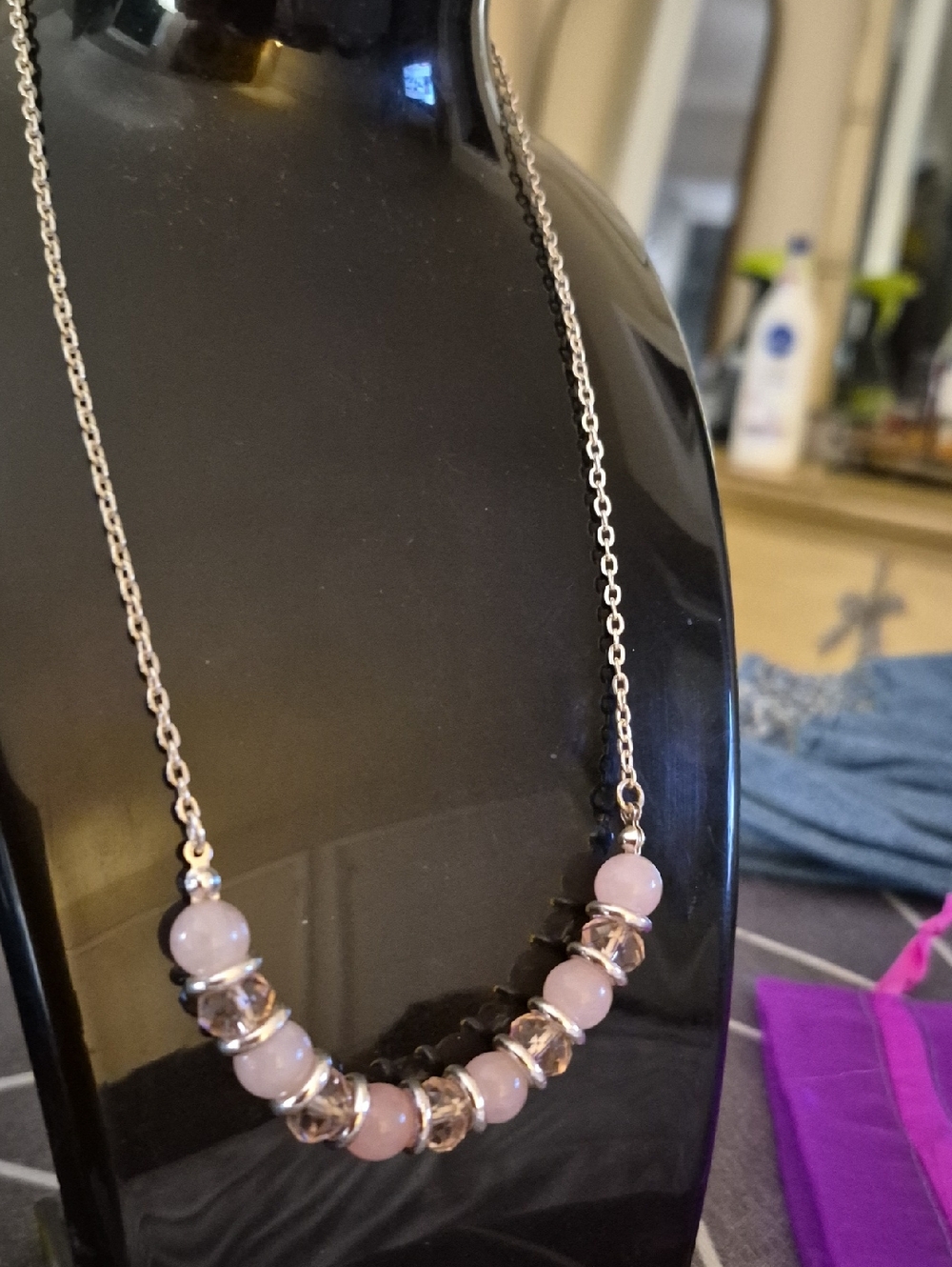 Rose quartz Pink Crystal beaded Stretch Silver Chain Necklace